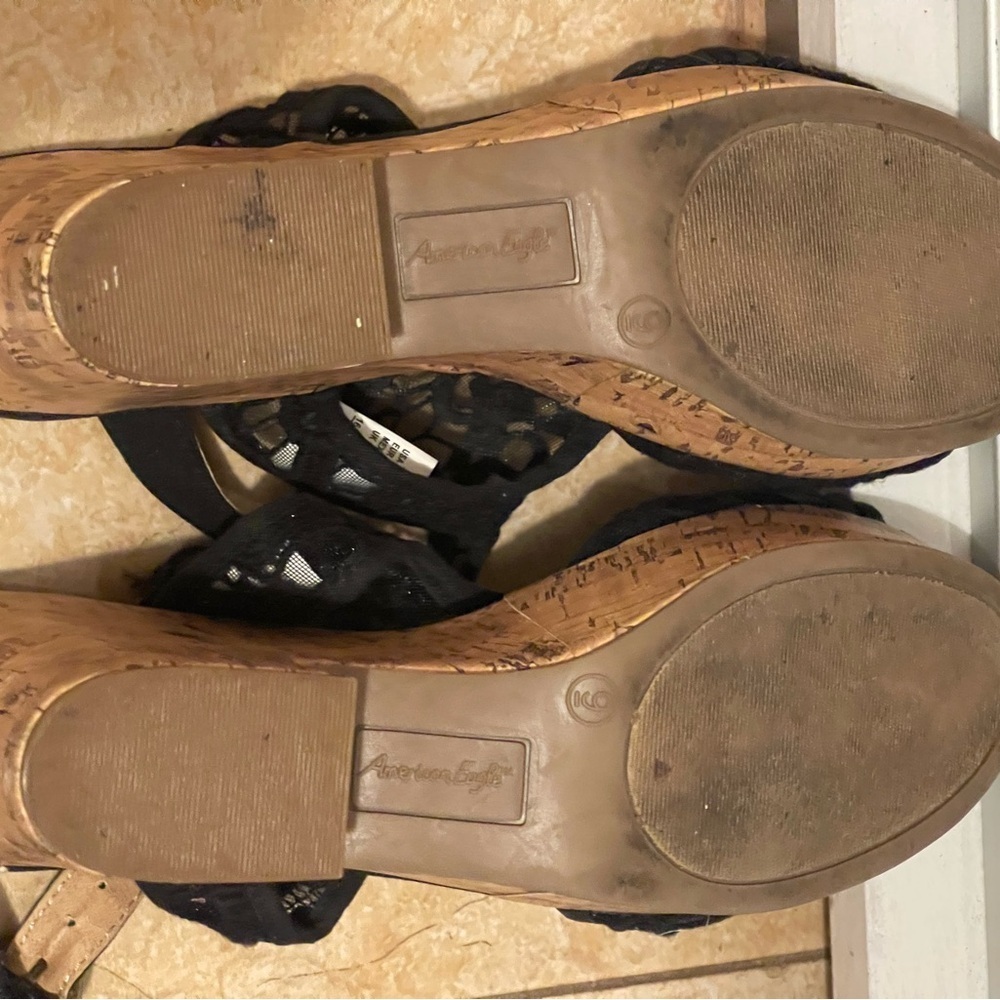 American Eagle Black Wedge Sandals- Women’s 9- Heels, Strappy Boho Lace cork - Picture 8 of 10